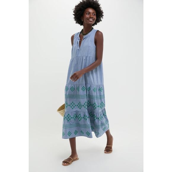 TUCKERNUCK BEACH Emerald Embroidered Chambray Salty Paloma Caftan Size M NWT - Picture 7 of 8